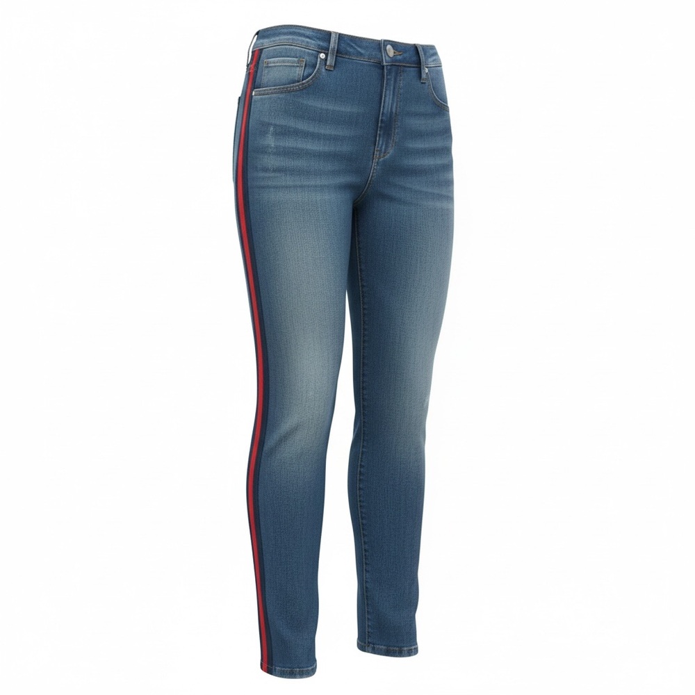 Express Blue Skinny Jeans with Red Side Stripe